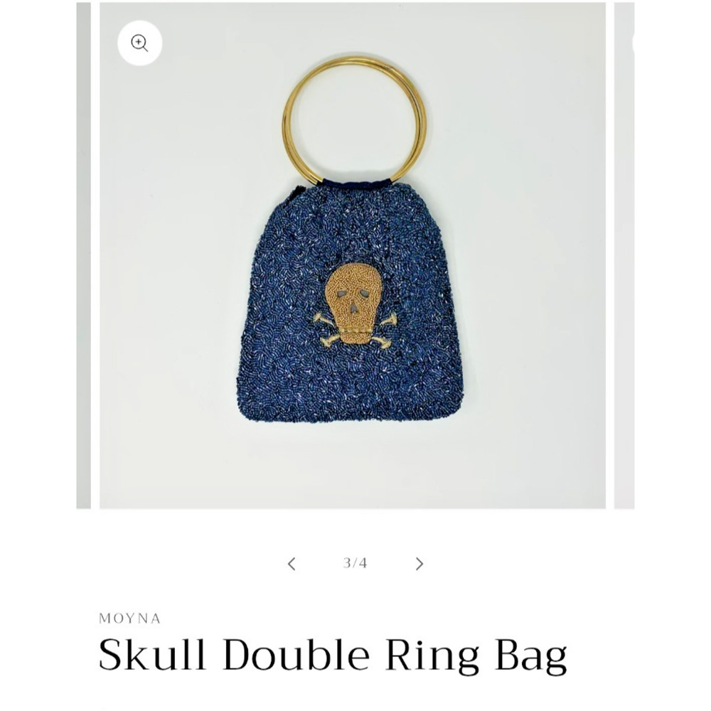 Moyna Skull Double Ring Clutch Blue Gold Beaded Gothic Evening Bag Purse